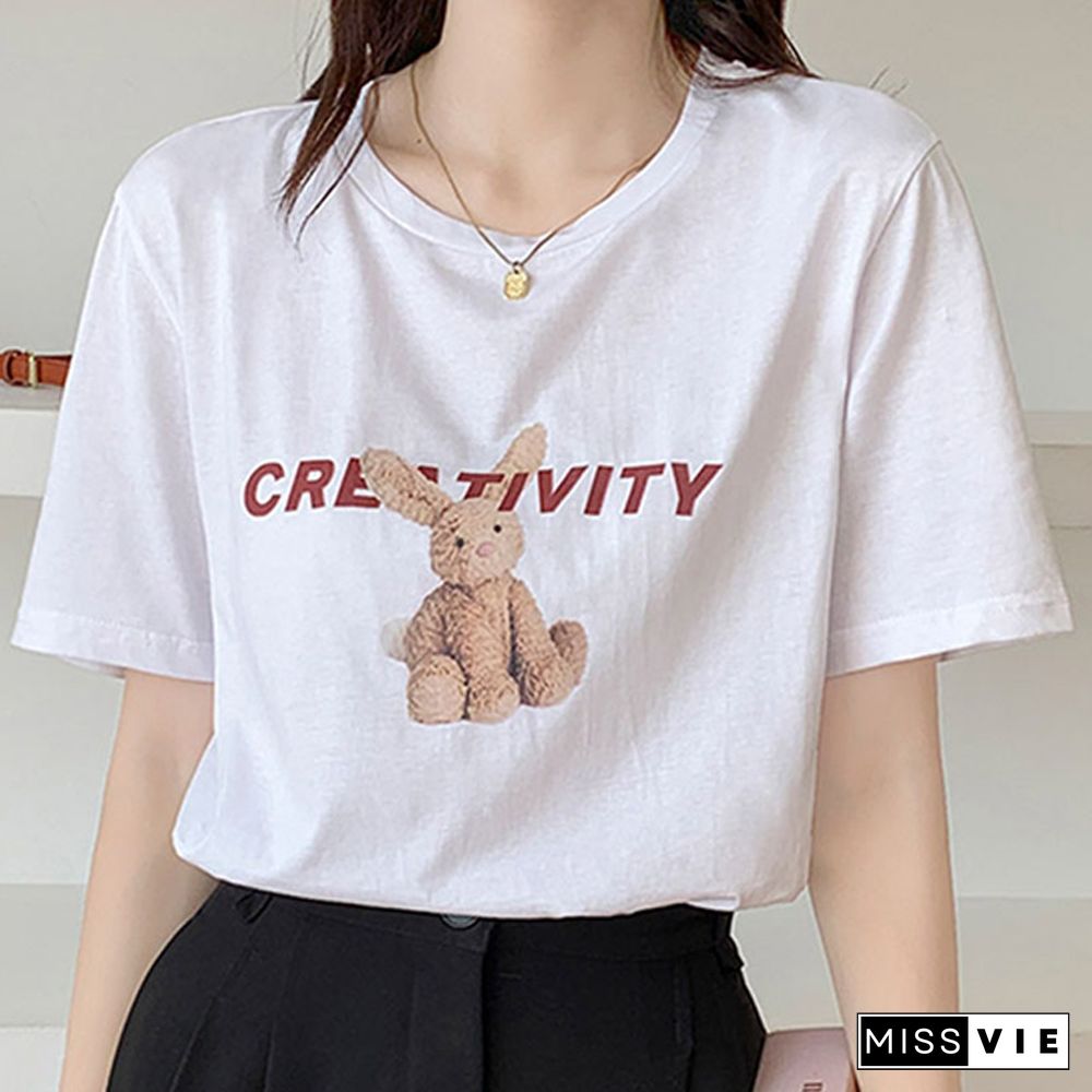 Cartoon Letter Print Round Collar Loose T-Shirt