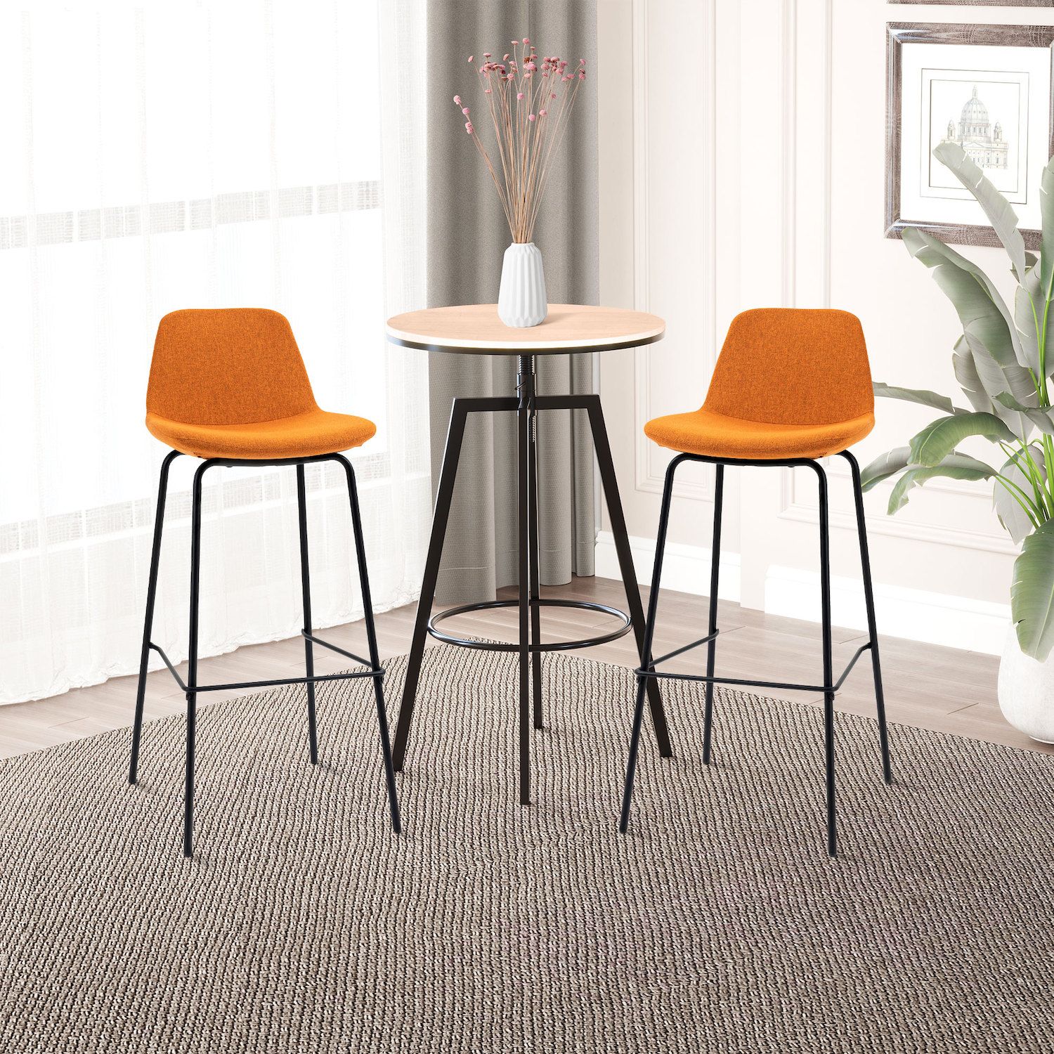 HOMCOM 29.5 Seat Height Bar Stools Set of 2， Upholstered Bar Chairs， Armless Barstools with Back， Steel Legs， Orange