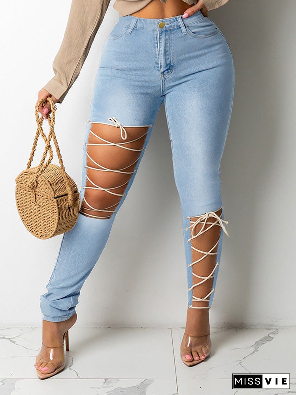 Women'S Jeans Ripped Tie Stretch Slim Jeans