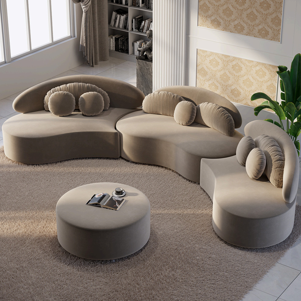 Khaki 4 Pieces Curved Sectional Modular Sofa Velvet Upholstered with Ottoman   Contemporary   Sectional Sofas   by Homary International Limited  Houzz