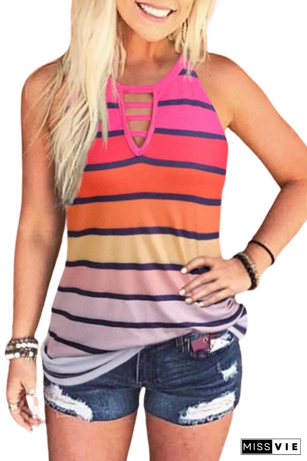 Multicolor Colorful Striped Hollow Out Camisole