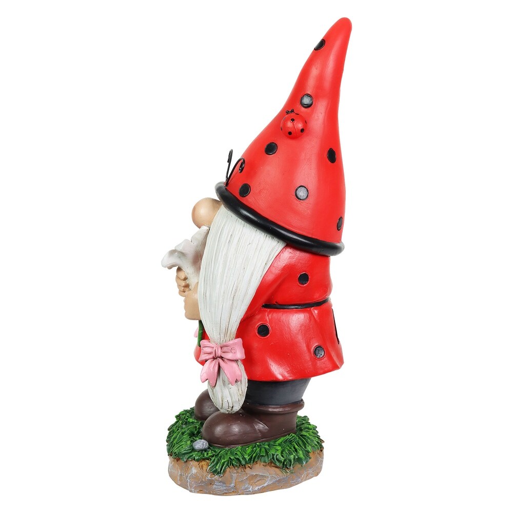 Exhart Solar Ladybug Hat Lady Gnome Statue with Pink Flower  5 by 12.5 Inches