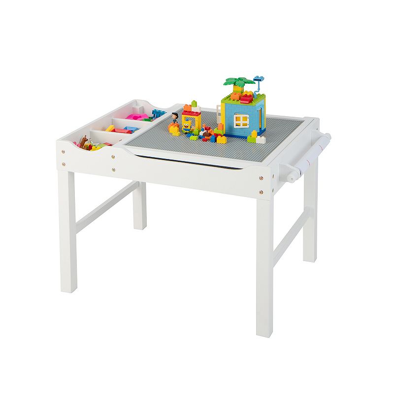 Kids Multi Activity Play Table Wooden Building Block Desk with Storage Paper Roll