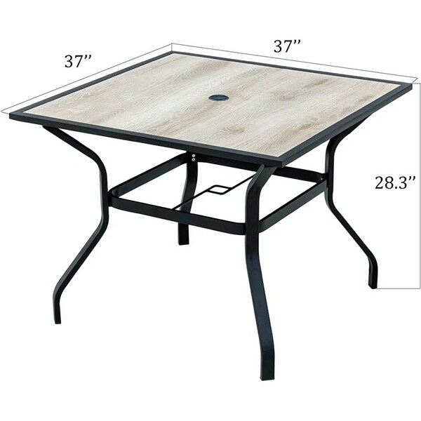 Outdoor Patio Dining Table Square Metal Table with Umbrella Hole and Wood Look Tabletop for Porch