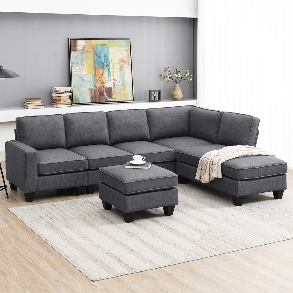 7 Seat Sectional Sofa Linen Fabric Couch Set with Ottoman