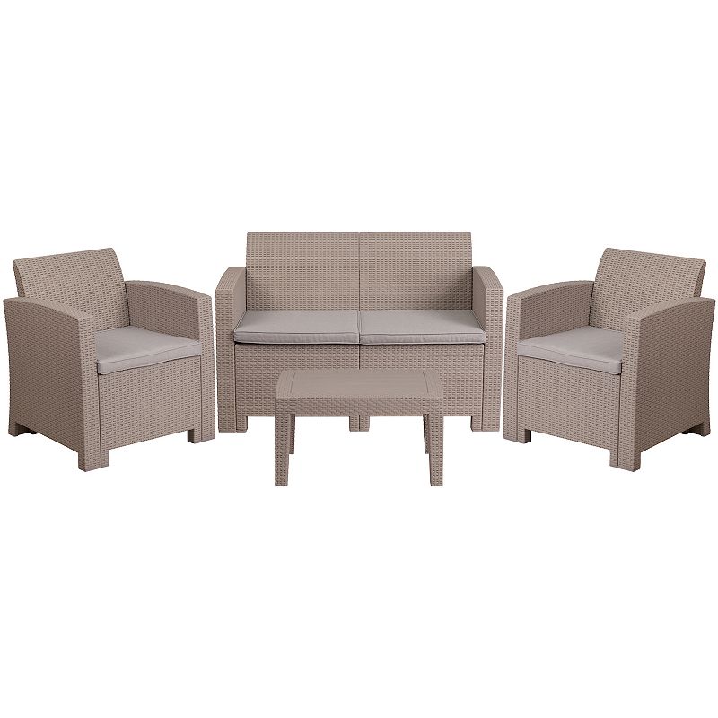 Merrick Lane Ava 4 Piece Faux Rattan Patio Furniture Set with 2 Chairs and Love Seat with Removable Cushions and Table