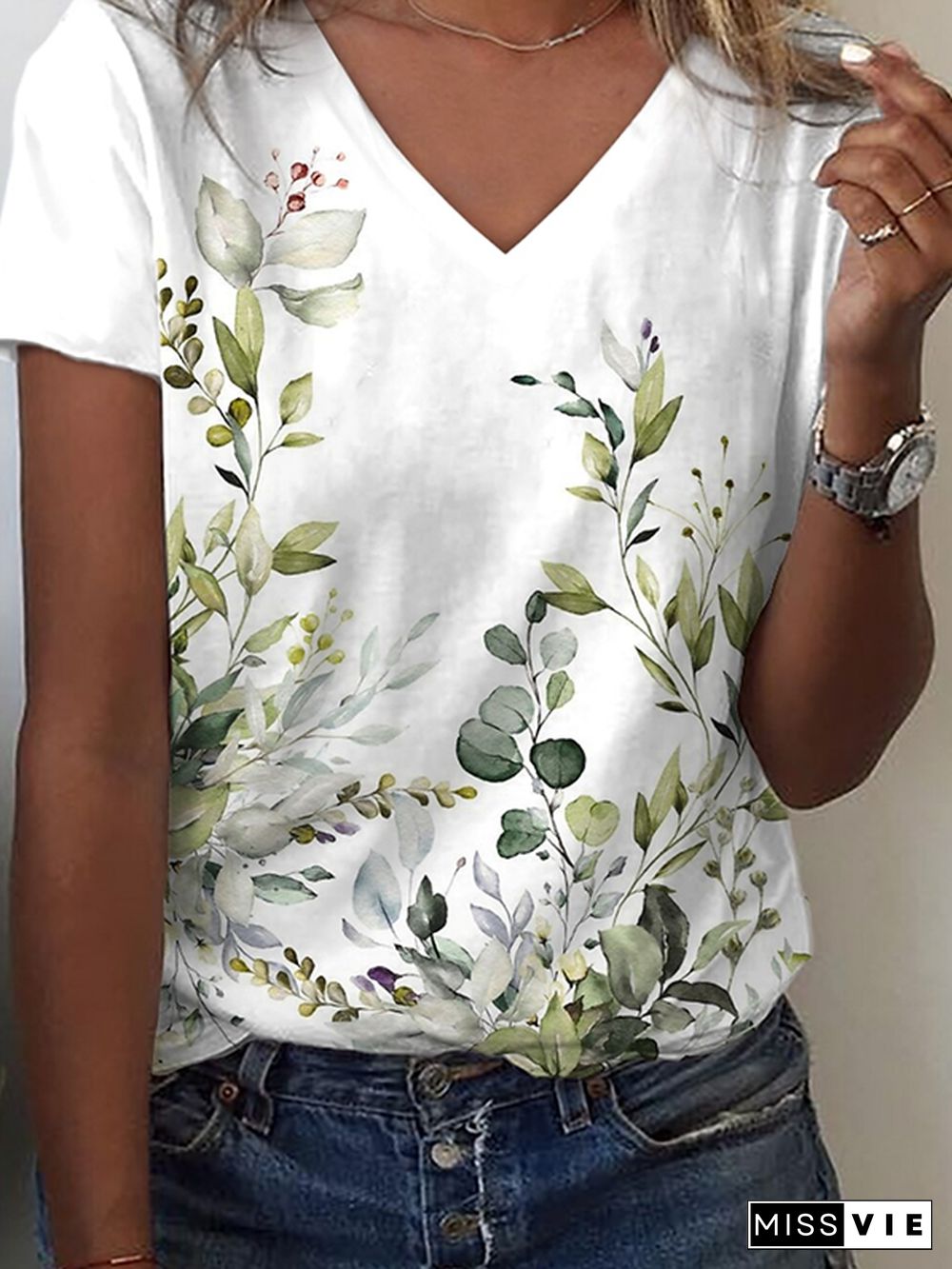 Leaves V neck Casual Short Sleeve T-Shirt