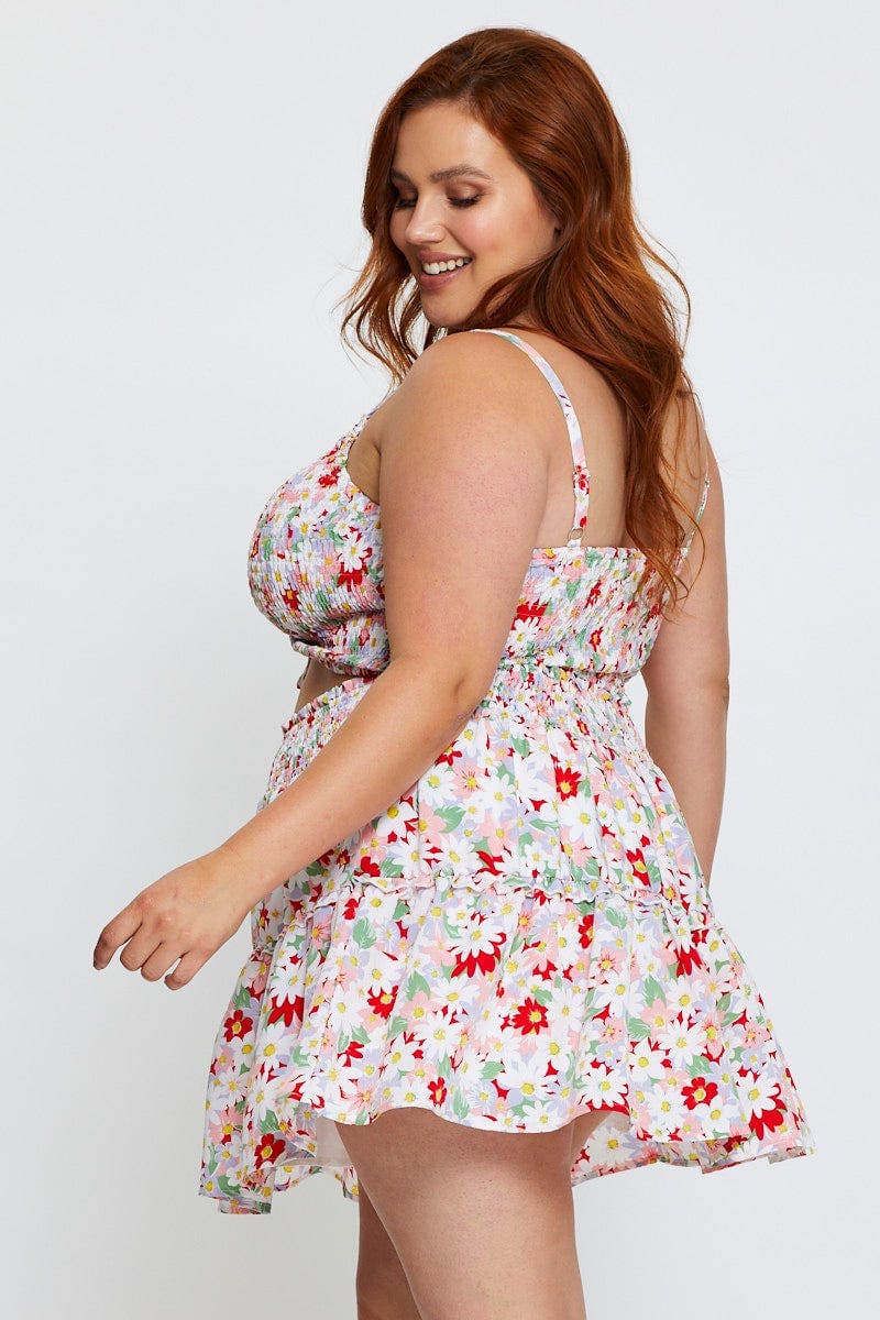 Floral Print Mini Skater Skirt Ruffle Hem