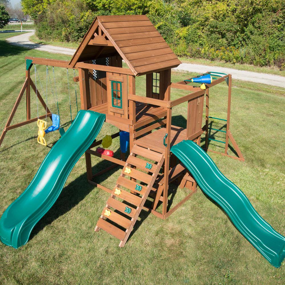 Swing-N-Slide Playsets Super KnightsBridge Complete Wooden Outdoor Playset with Slides Monkey Bars Swings and Swing Set Accessories WS 8354