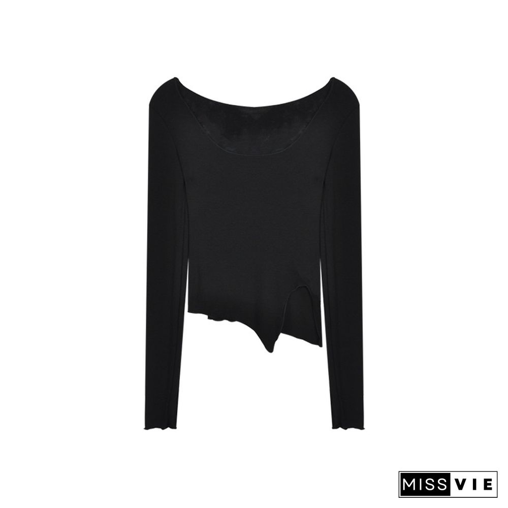 Long Sleeve T-shirts Women Fungus Line Irregular Hem Knitted Slender Autumn Bottoming Tees Chic Fashion Sexy Solid Ulzzang New