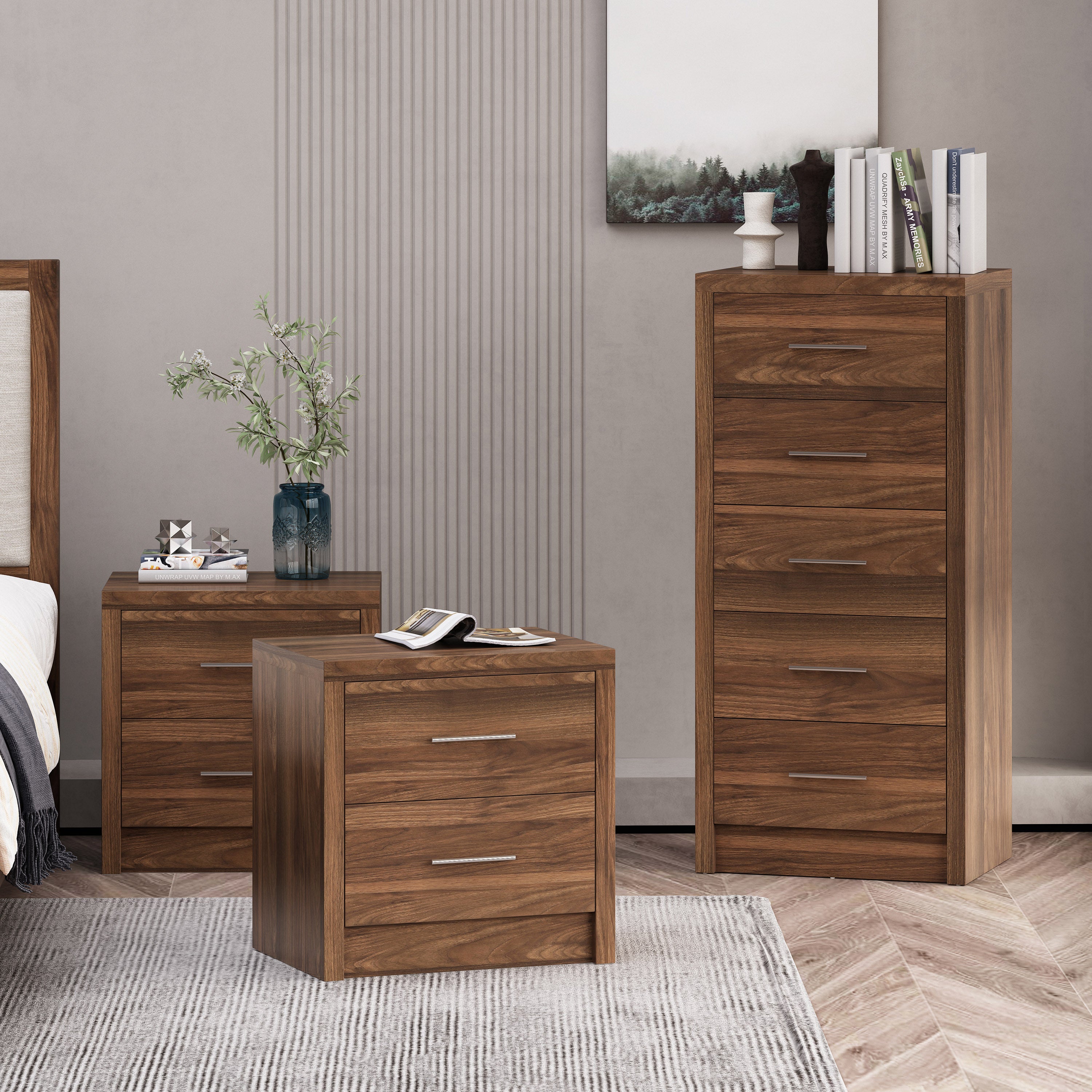 Marlette Modern 3 Piece 5 Drawer Dresser and Nightstand Bedroom Set