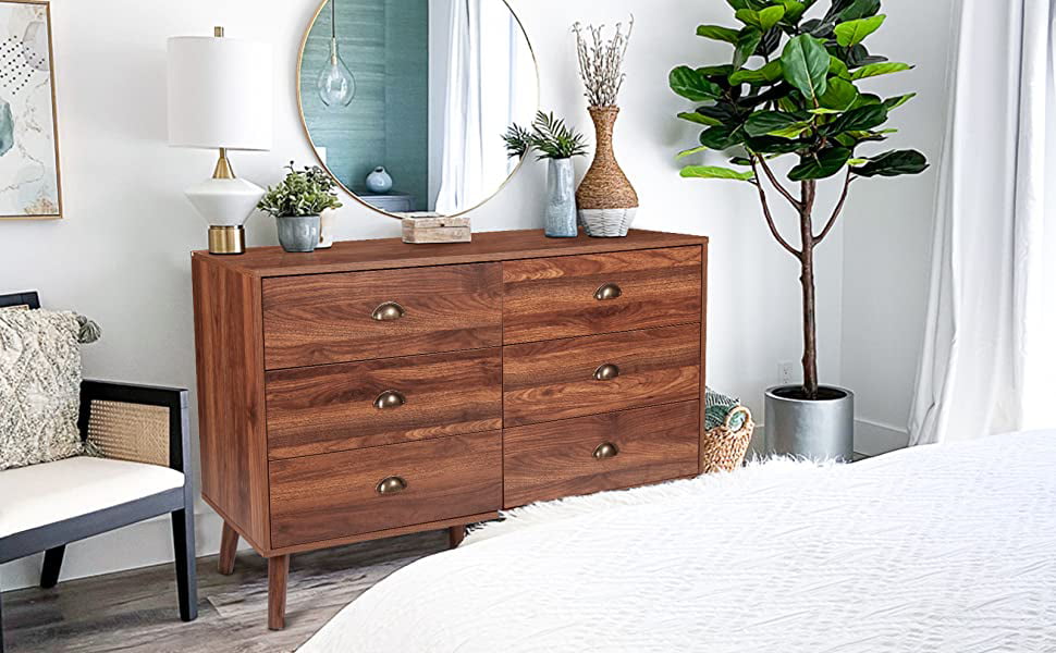 Wood Dresser for Bedroom with 6 Drawers, Mid Century Modern Chests of Drawer with Metal Handles, Walnut