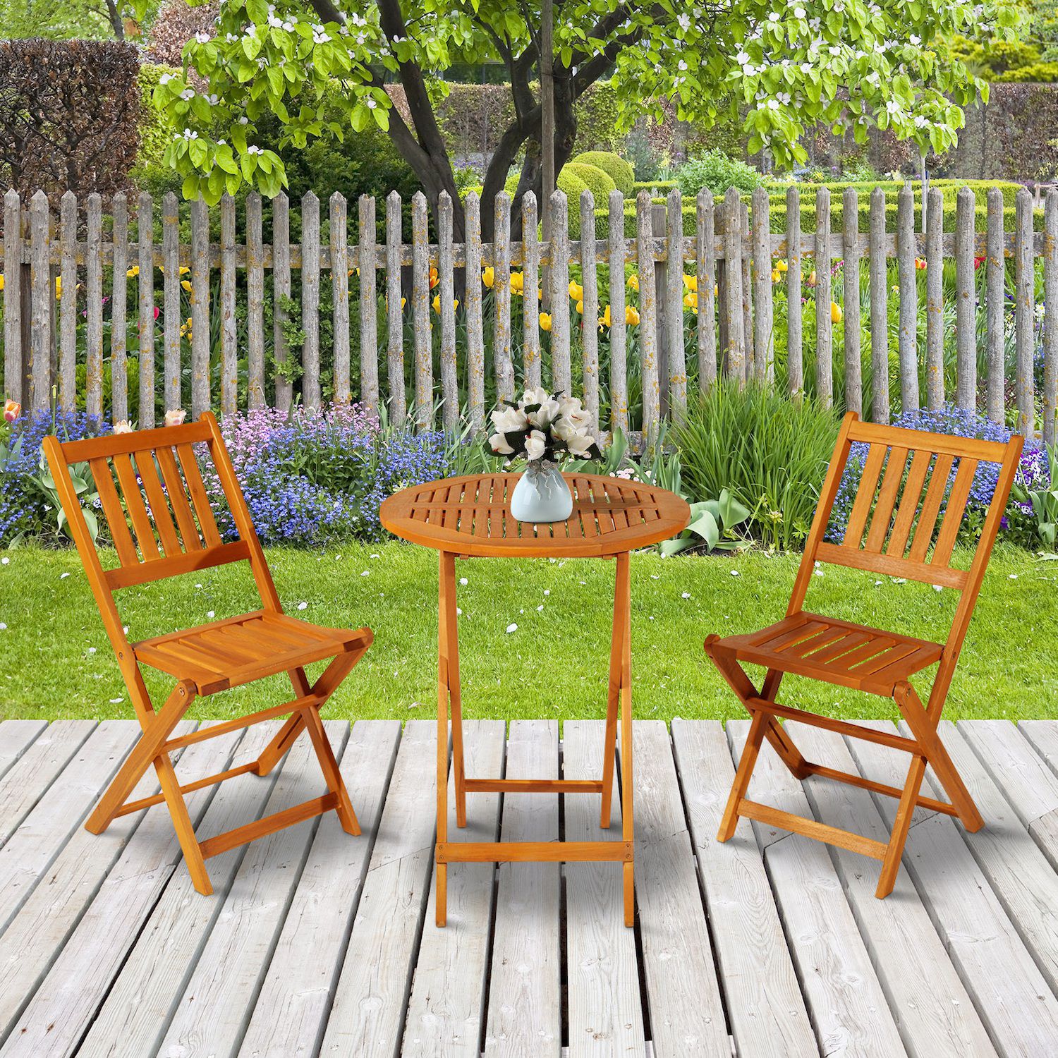 Outsunny 3 Piece Folding Acacia Wood Patio Bistro Table and Chair Outdoor