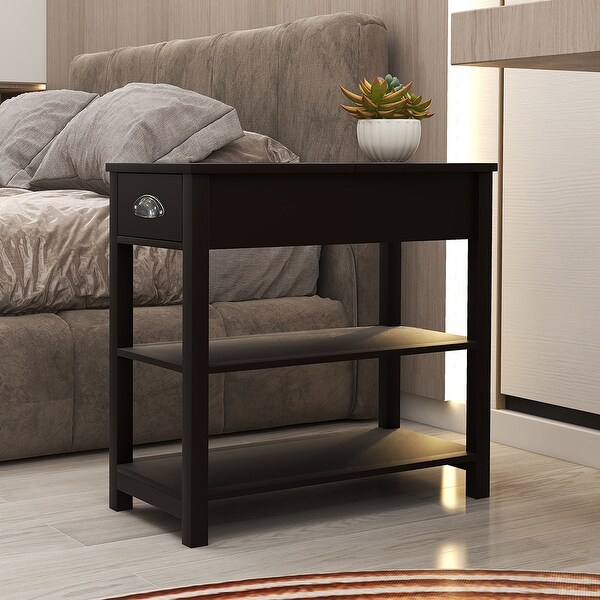 Narrow Side Table with Drawer and Bottom Partition in Flip Over Design