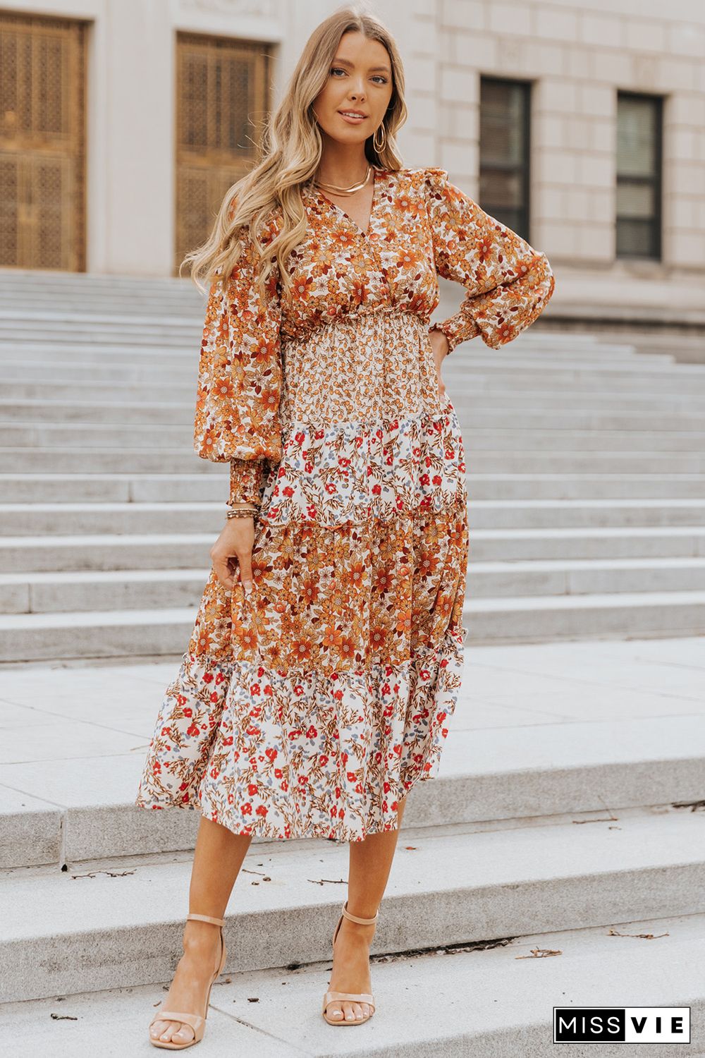 Orange Mix Floral Patchwork Frill Tiered Dress