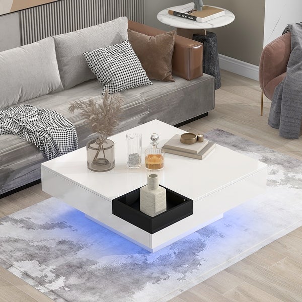 Modern Square Coffee Table with Plug-in 16-color LED Strip Lights