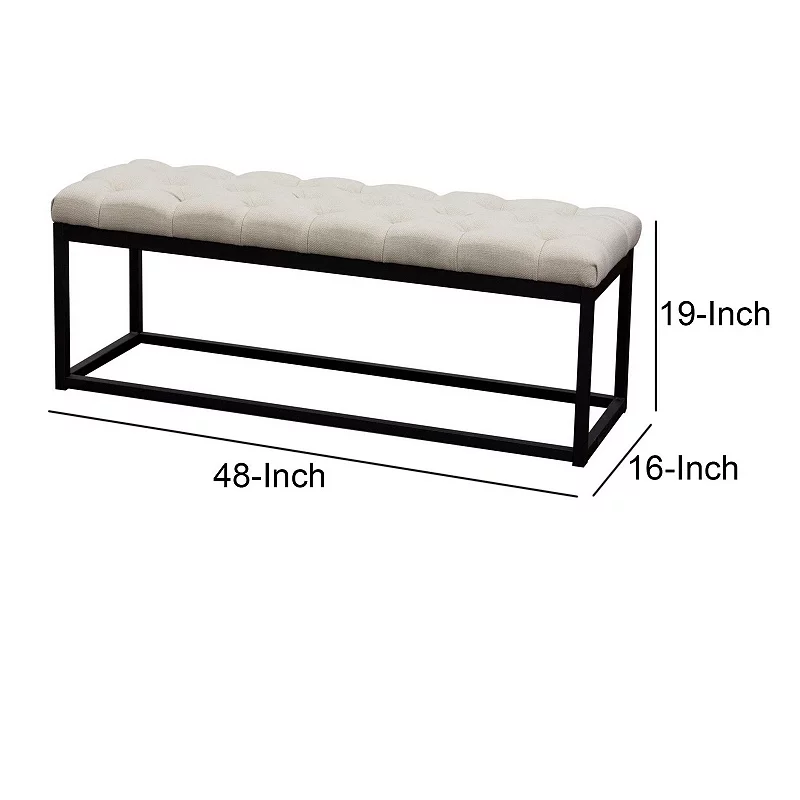 Linen Upholstered Metal Contemporary Bench with Diamond Tuft Details， Beige and Black