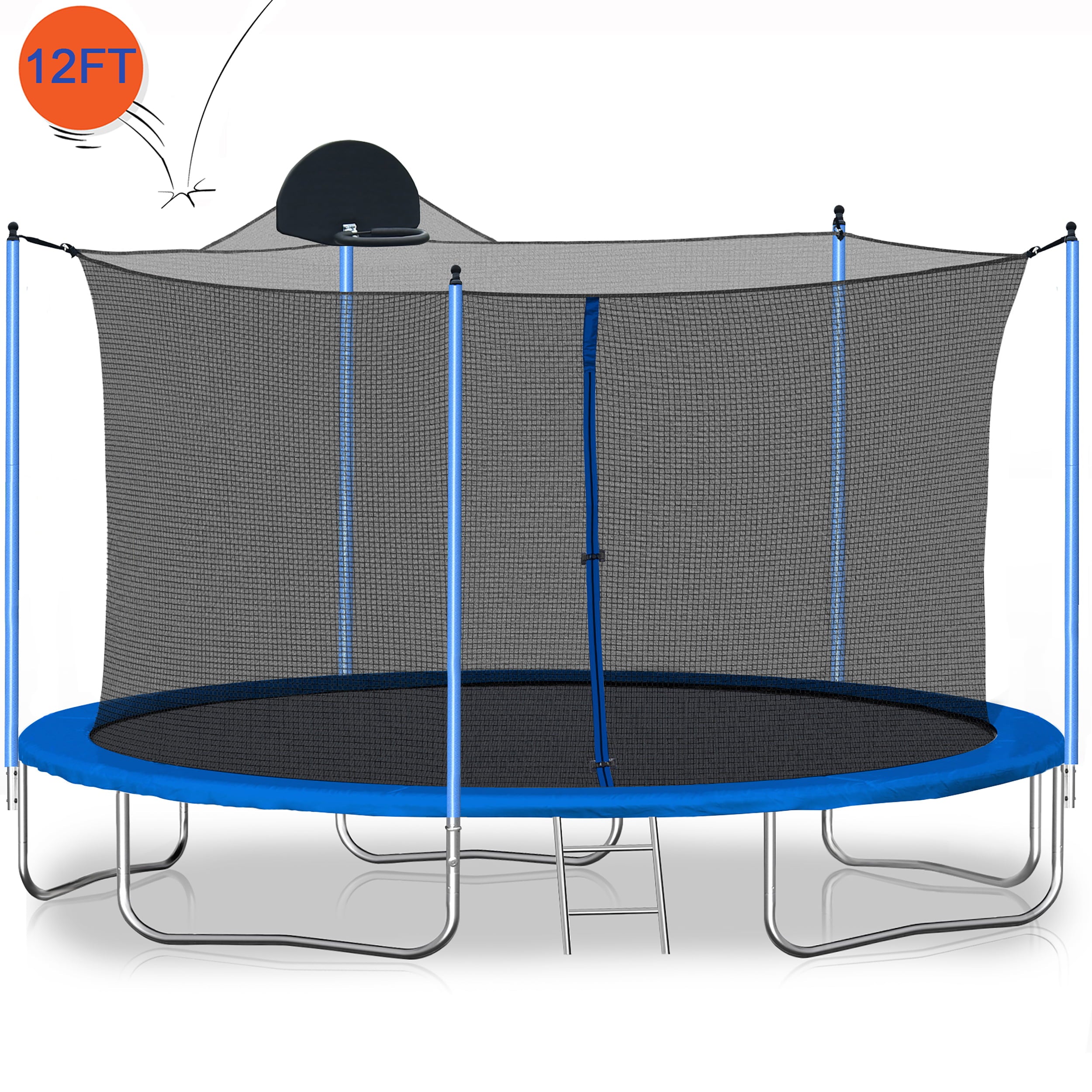 12FT Kids Trampoline Thickened - Large Heavy-Duty Trampoline with Hoop， All-Weather Trampolines with High Density Net and 5 Steel Support， Outdoor Lawn Garden Yard Trampolines， Blue