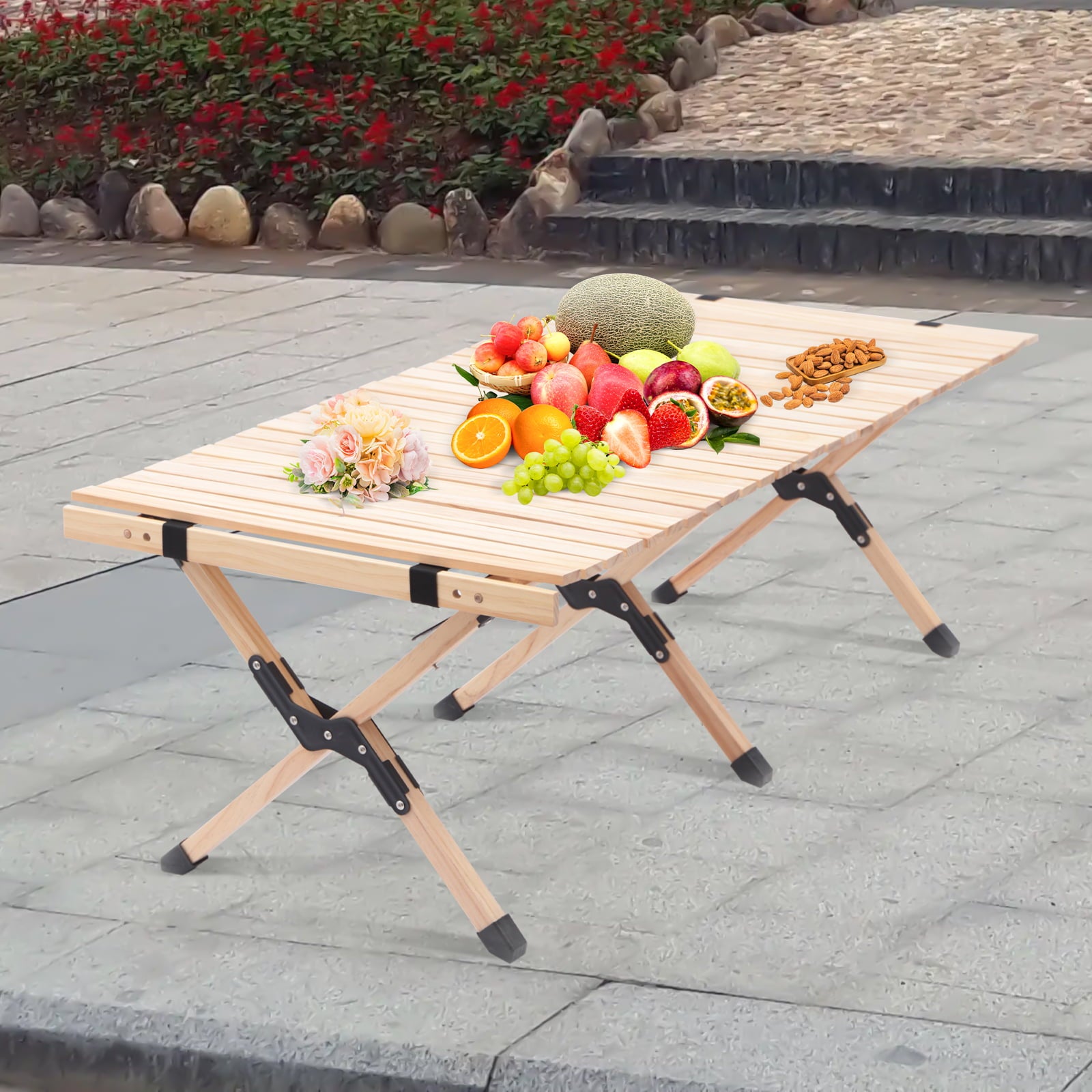 Oukaning Foldable Camping Table Wood Portable Picnic Table Rectangular 120*60cm