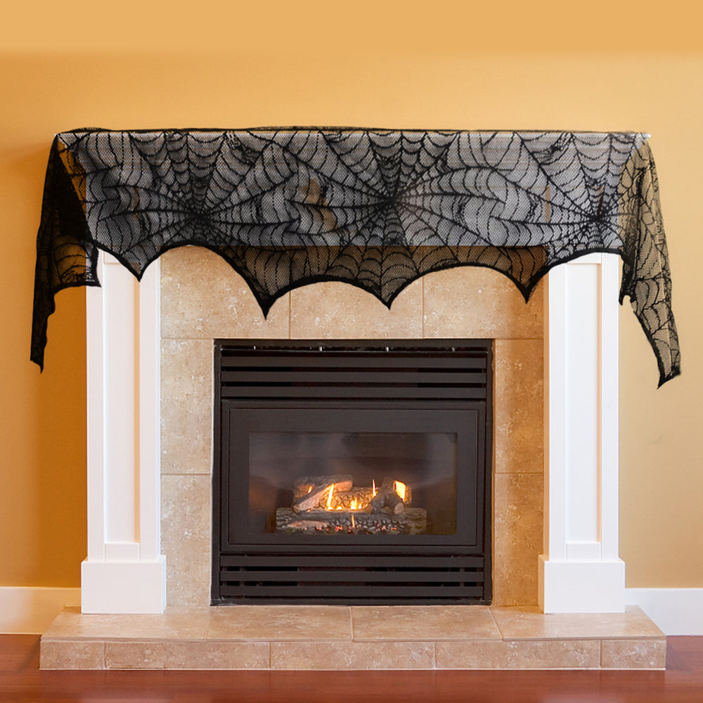 Fun Little Toys 2 PCs Halloween Tablecloth， Black Lace Spiderweb Fireplace Mantle and Tablecloth， Halloween Party Supplies， Halloween Party Decorations， Halloween Indoor Decorations