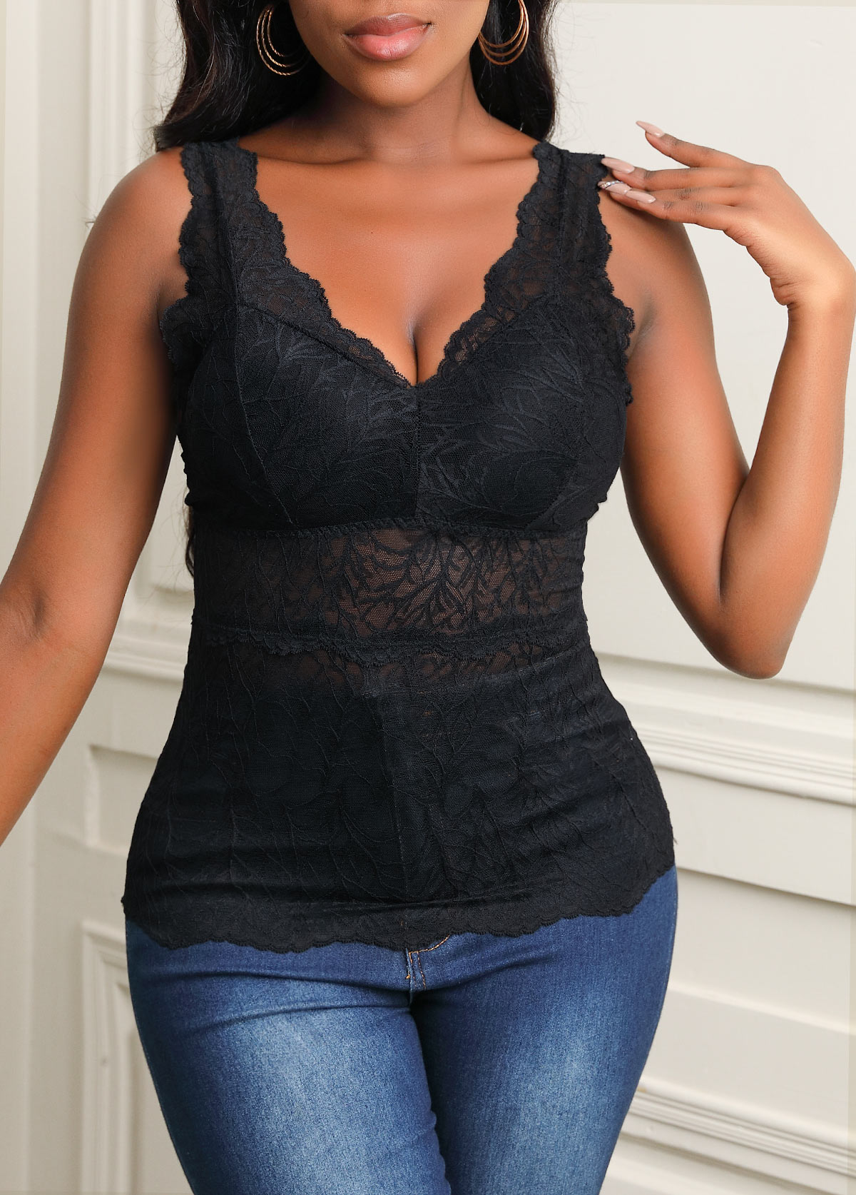 Black Wide Strap Lace Tank Top