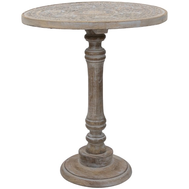 Antique Gray Carved Floral Round Pedestal Side Table