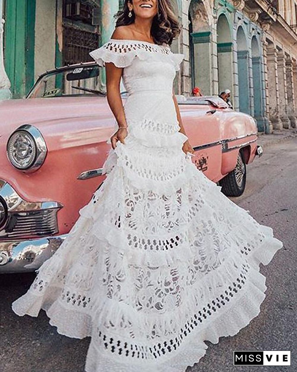 Women's A-Line Dress Maxi long Dress - Short Sleeve Solid Color Ruffle Spring & Summer Off Shoulder Hot Holiday Beach vacation dresses Lace White S M L XL White Dresses