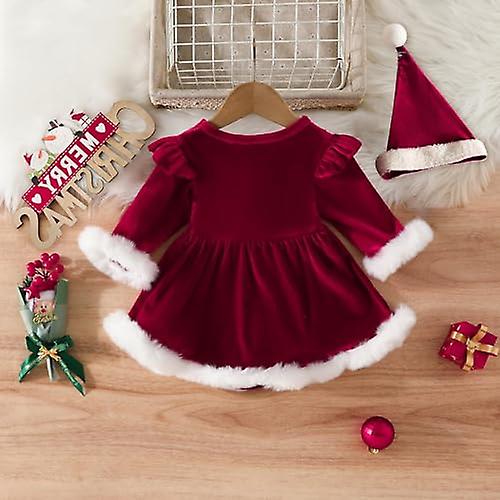 Christmas Newborn Outfit Girl，Long Sleeve Toddler Santa Print Dress with Hat - Baby Christmas Outfit