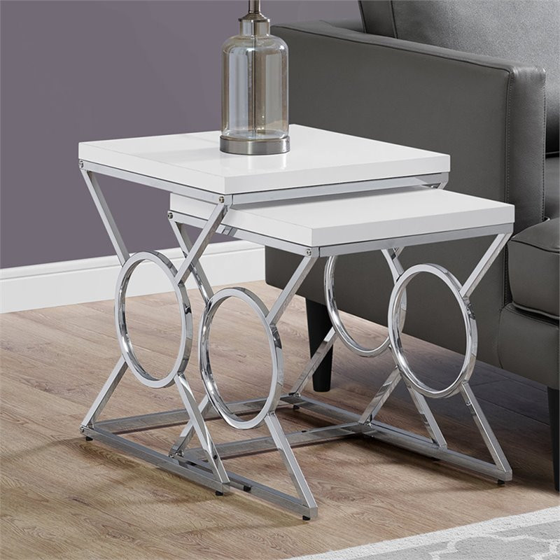 Nesting Table Set Of 2 Side End Accent Bedroom Metal Glossy White   Contemporary   Coffee Table Sets   by Buildcom  Houzz