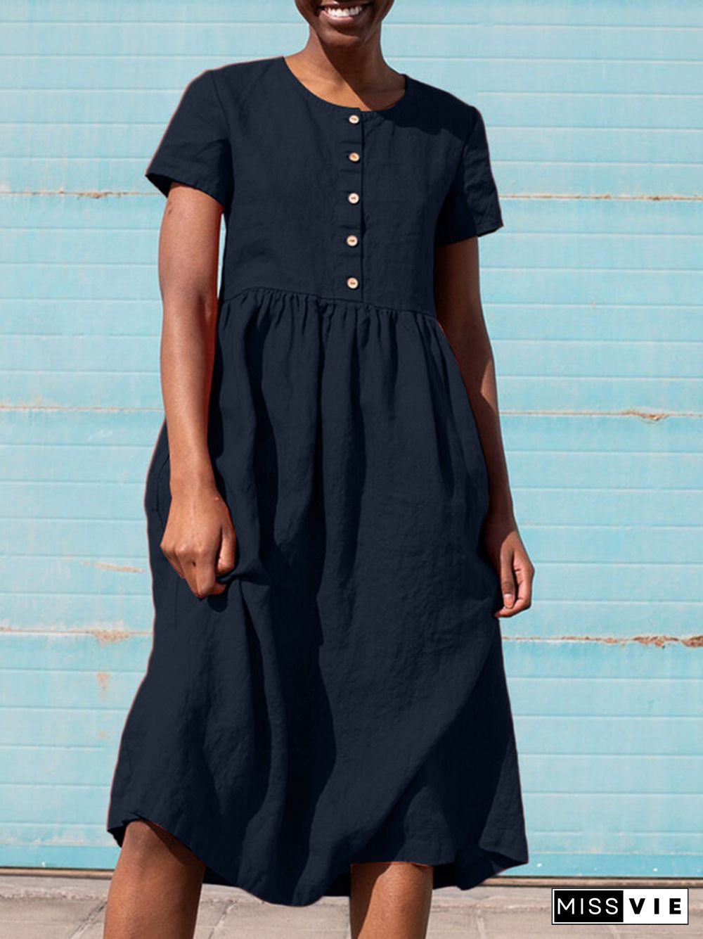 Solid Button Front Crew Neck Short Sleeve Dress