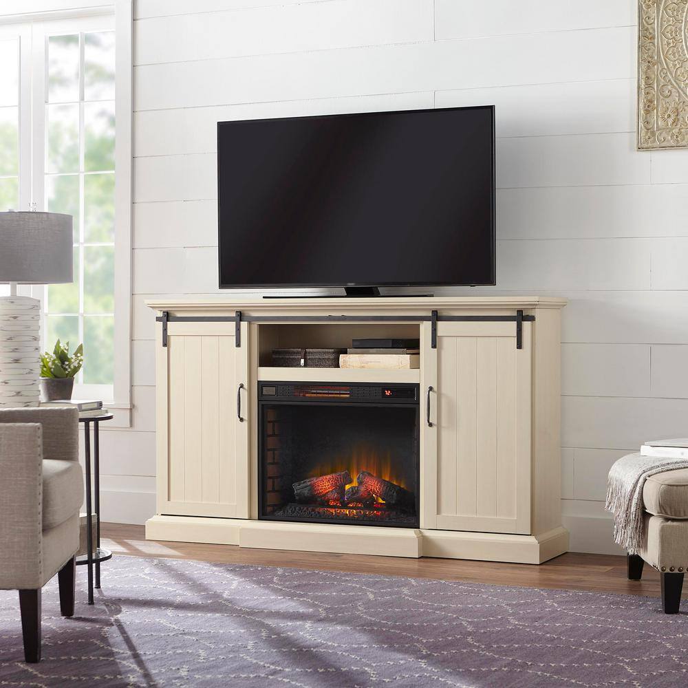 Home Decorators Collection Chastain 68 in. Freestanding Media Console Electric Fireplace TV Stand with Sliding Barn Door in Ivory 118076