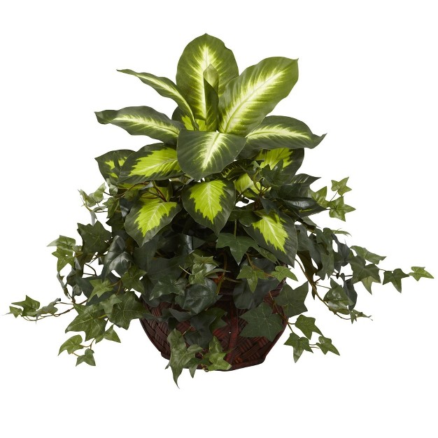 Nearly Natural 20-in Dieffenbachia and Ivy W/decorative Planter