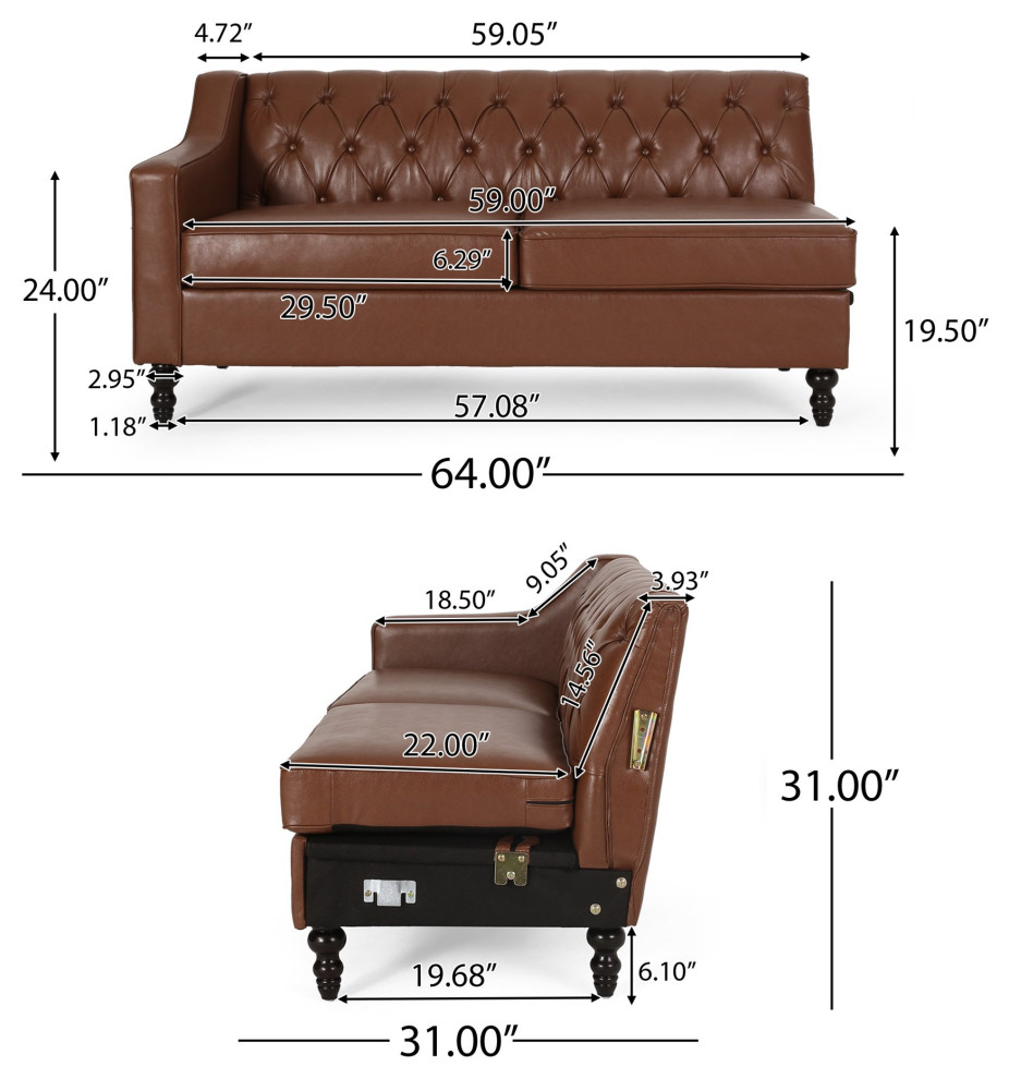 Sectional Sofa  Birch Bun Feet  ampPU Leather Seat With Tufted Back   Traditional   Sectional Sofas   by Decorn  Houzz