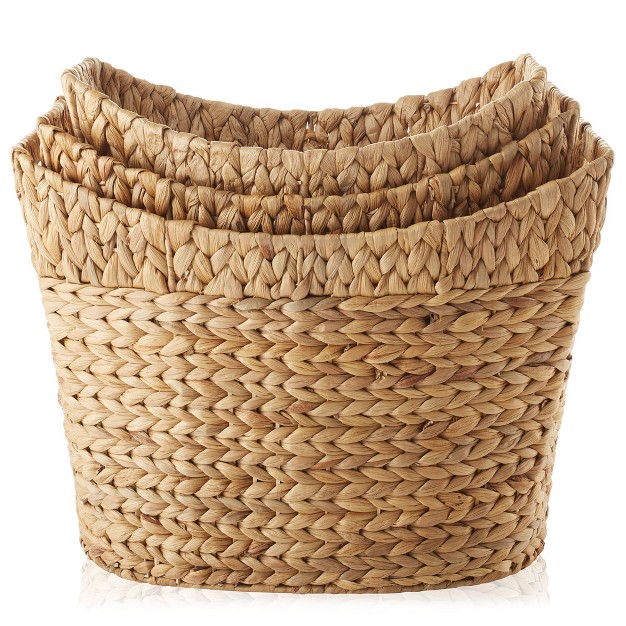 Casafield Set Of 3 Water Hyacinth Oval Baskets With Handles Woven Storage Totes For Blankets Laundry Bathroom Bedroom Living Room