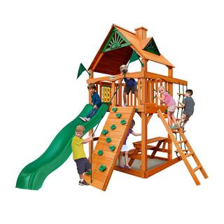 Gorilla Playsets Chateau Tower Wooden Outdoor Playset with Picnic Table Wave Slide Rock Wall Sandbox and Swing Set Accessories 01-0061-AP