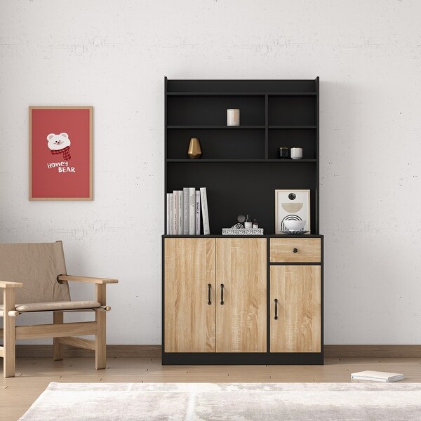 Modern High Wardrobe Cabinet，with 3 Doors，1 Drawer and 1 Open Shelves - - 37291766