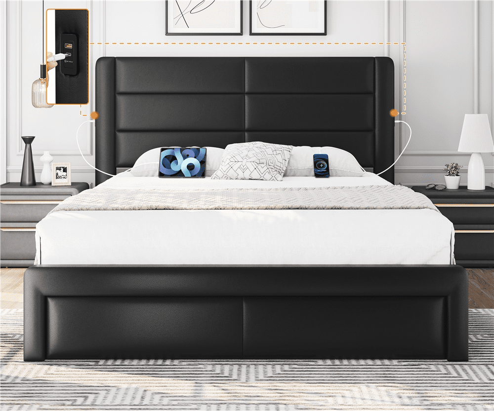 Topeakmart Queen Upholstered Leather Bed Frame with 3 Storage Drawers and Built-In USB Ports, Black