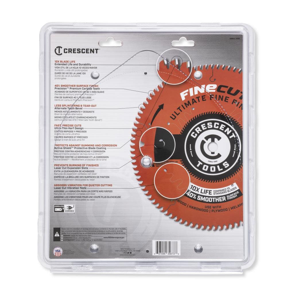 CRESCENT Circular Saw Blade 10 x 90 Tooth Fine Cut Ultimate Fine Finishing