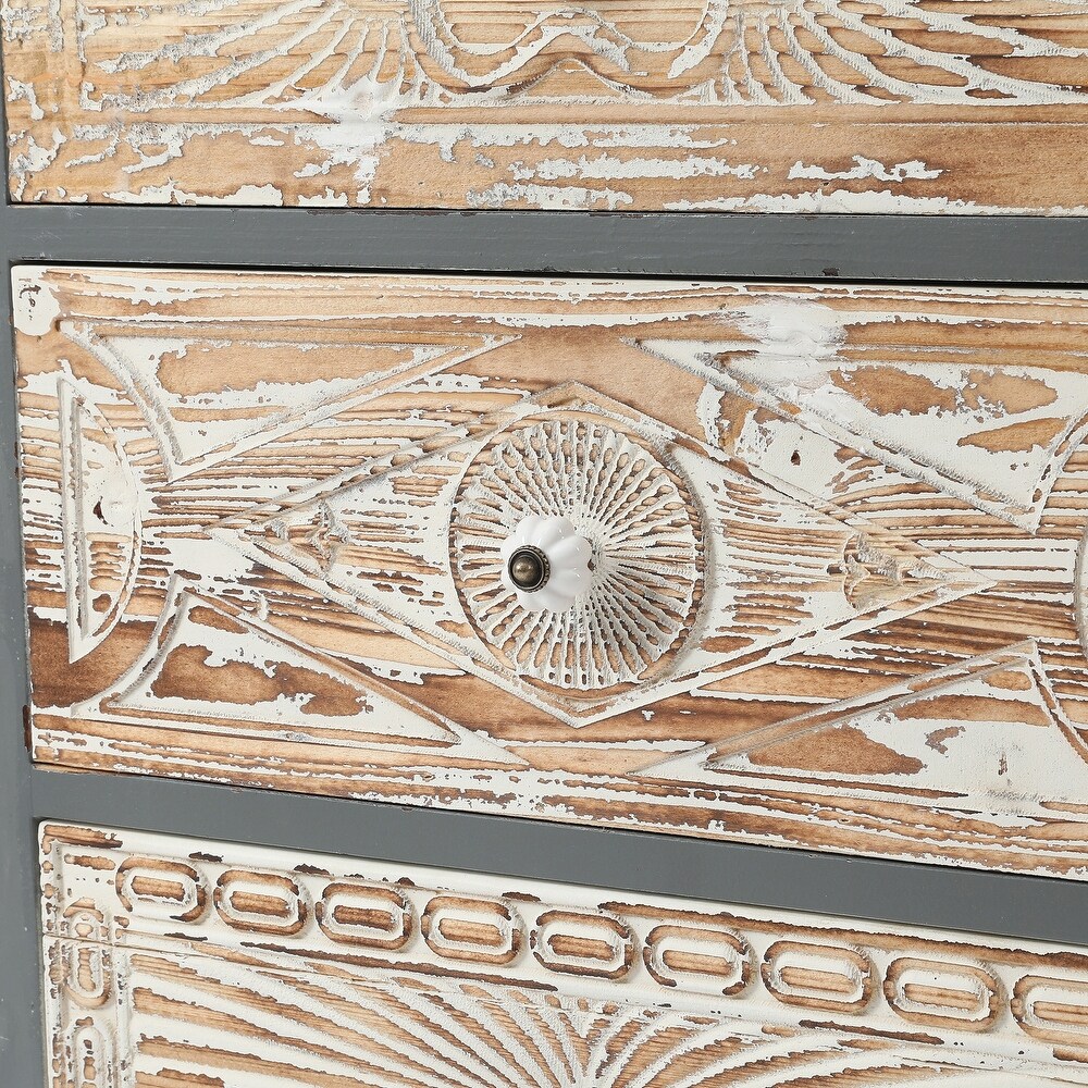 Rustic Weathered Grey Carved Wood 3 drawer Chest Nightstand