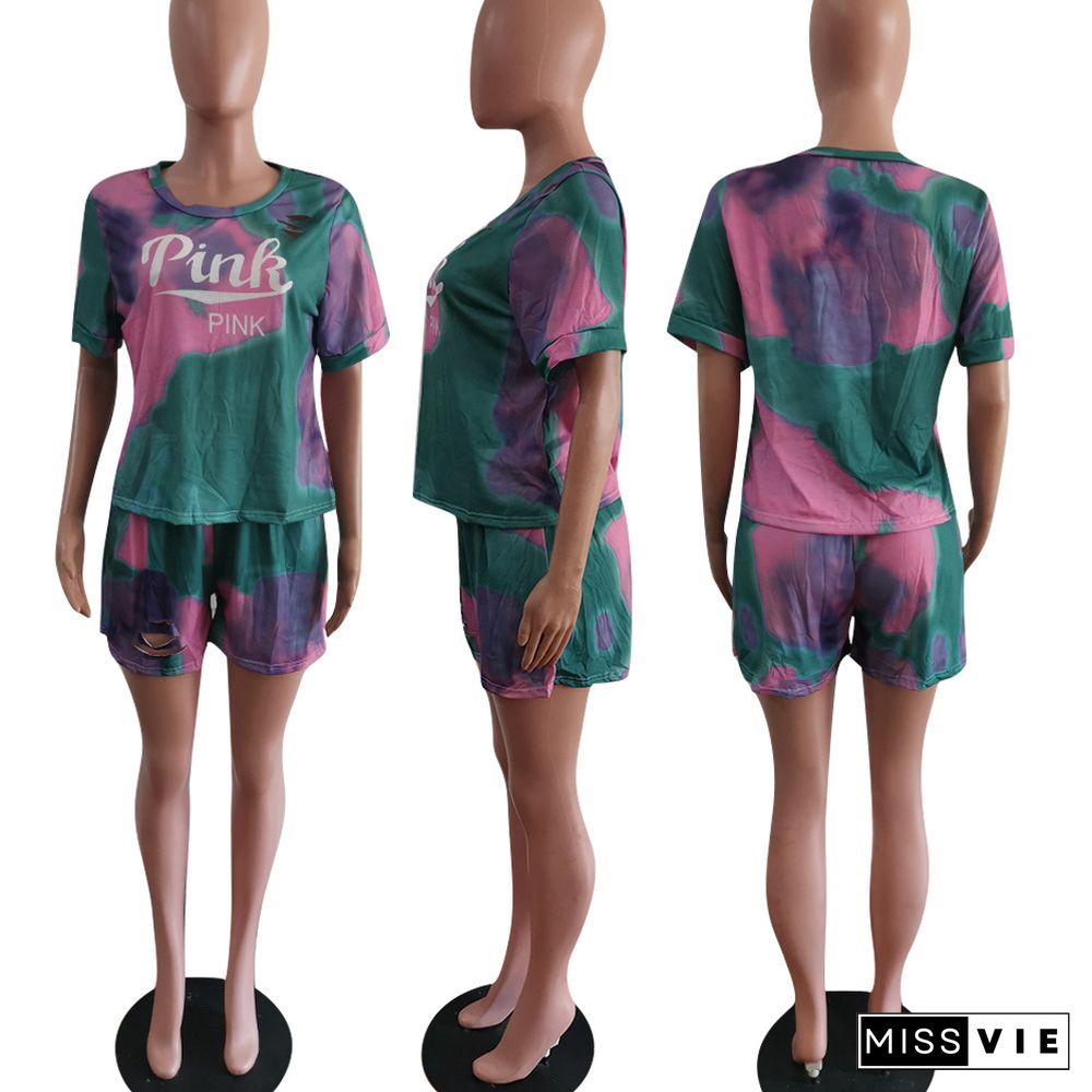 Trendy Tie-dye Letter Print Ripped Short-sleeved Two-piece Suit