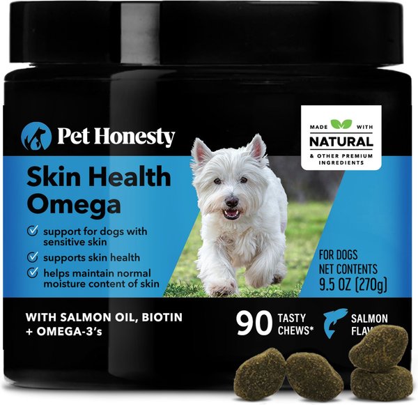 PetHonesty Skin Health Omega Salmon Flavored Soft Chews Skin and Coat Supplement for Dogs， 90 count