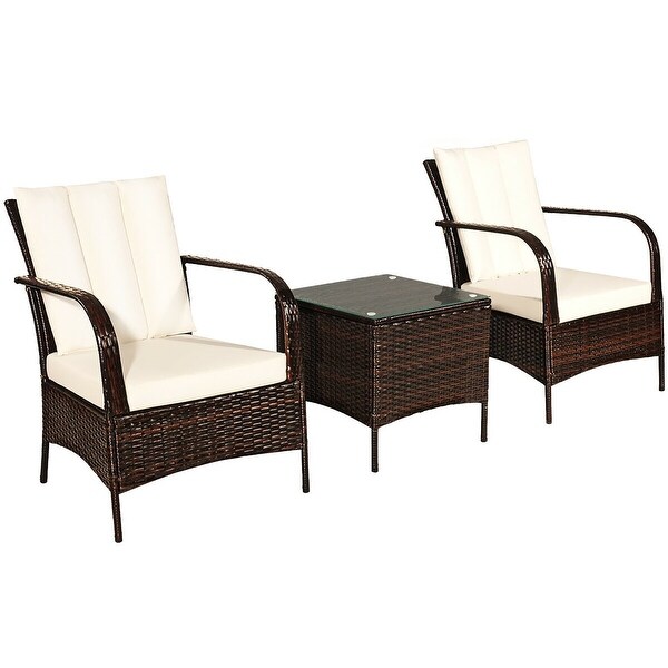 Costway 3 PCS Patio Wicker Rattan Furniture Set Coffee Table and 2