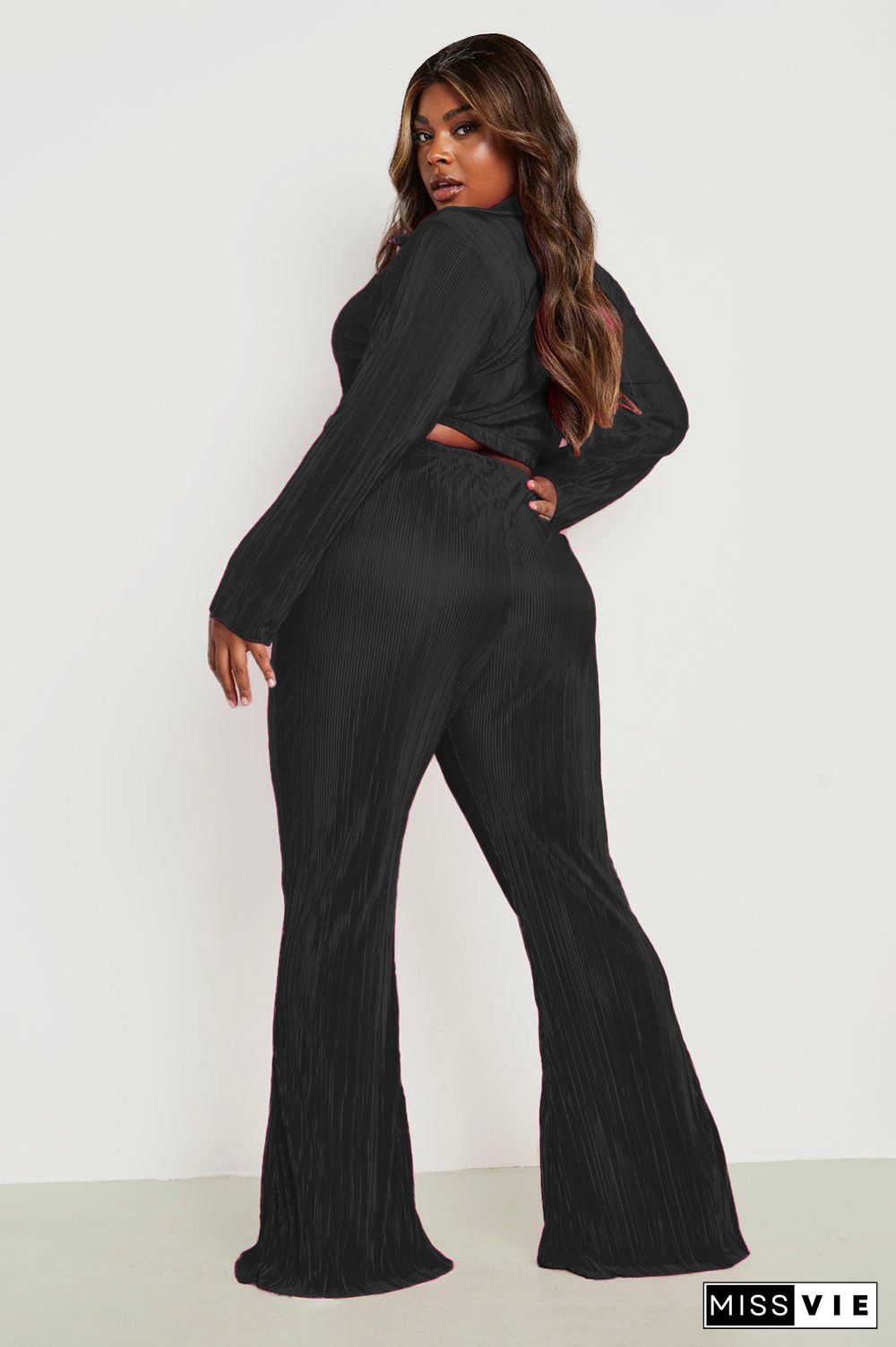 Long Sleeve Button Crop Top Pleated Wide-Leg Pants Set