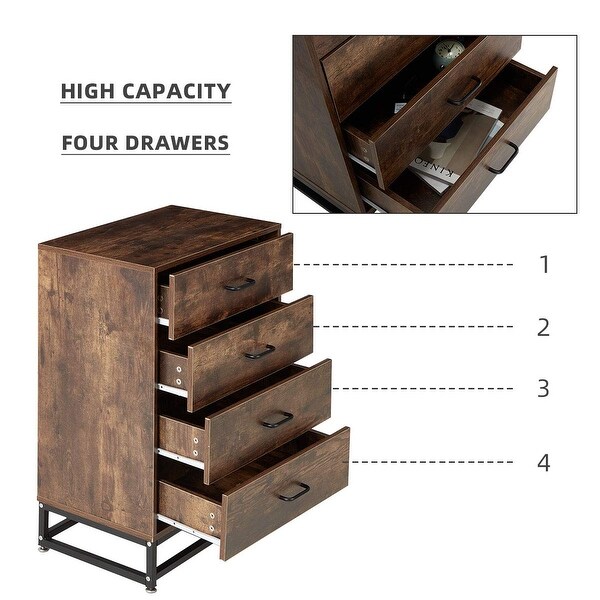 Chest of Drawers， Industrial Tall Dresser with 4 Drawers，Wood Storage Cabinet with Sturdy Metal Frame - as picture - - 37668516