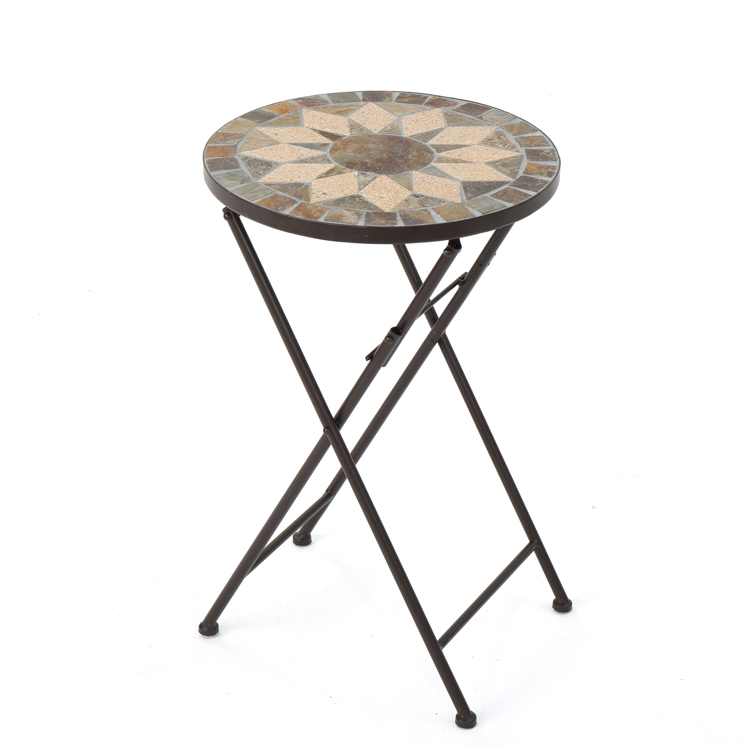 Sandor Outdoor Beige and Black Stone Side Table with Iron Frame