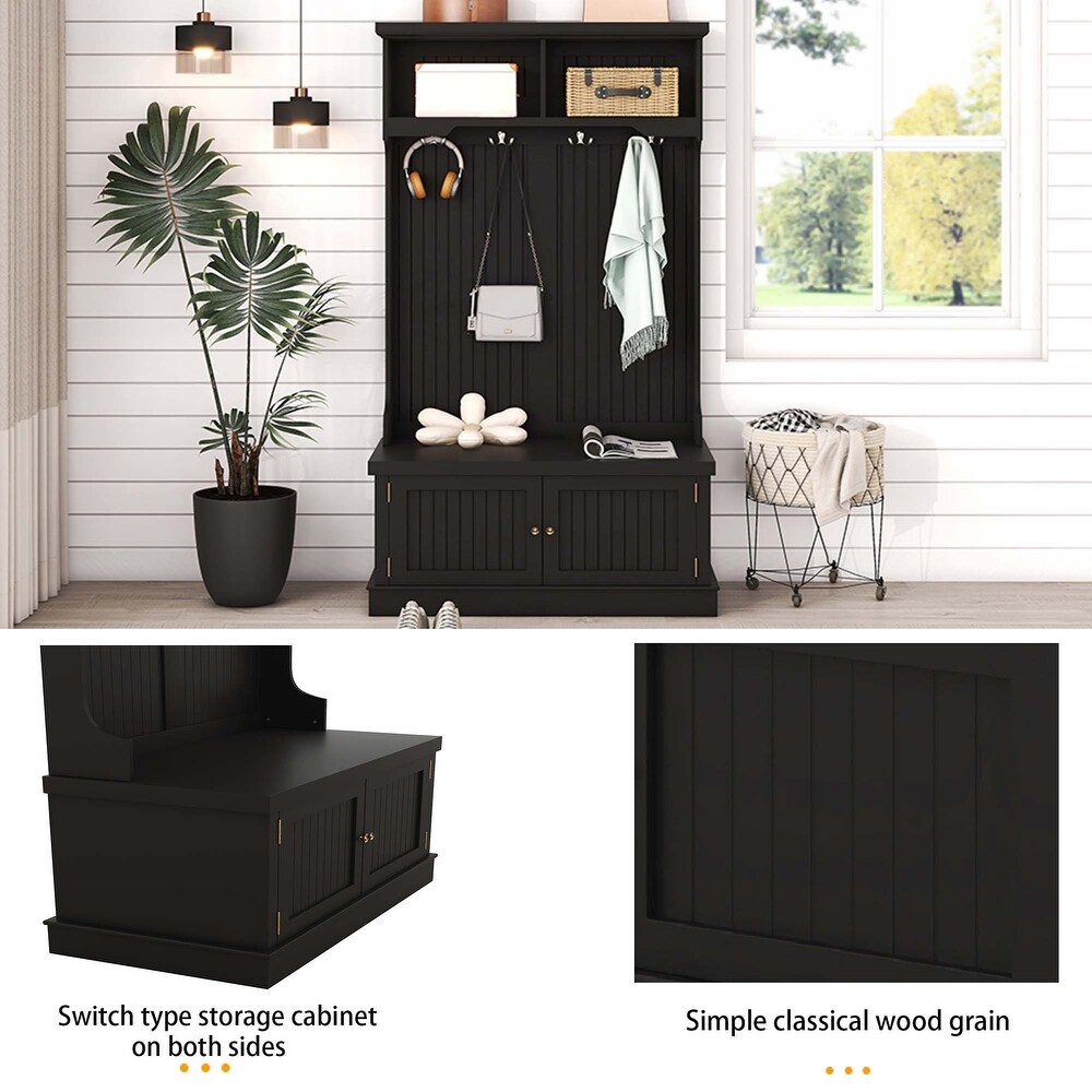 4 in 1 Hall Tree Coat Racks with Storage Shoe Bench  Stripes Wardrobe Display Cabinet for Entryway Storage Bench  Black