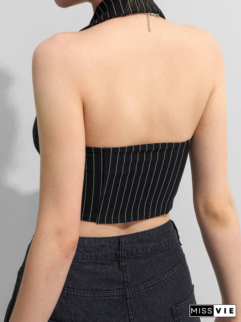 Pinstriped Crop Halter Tank Top