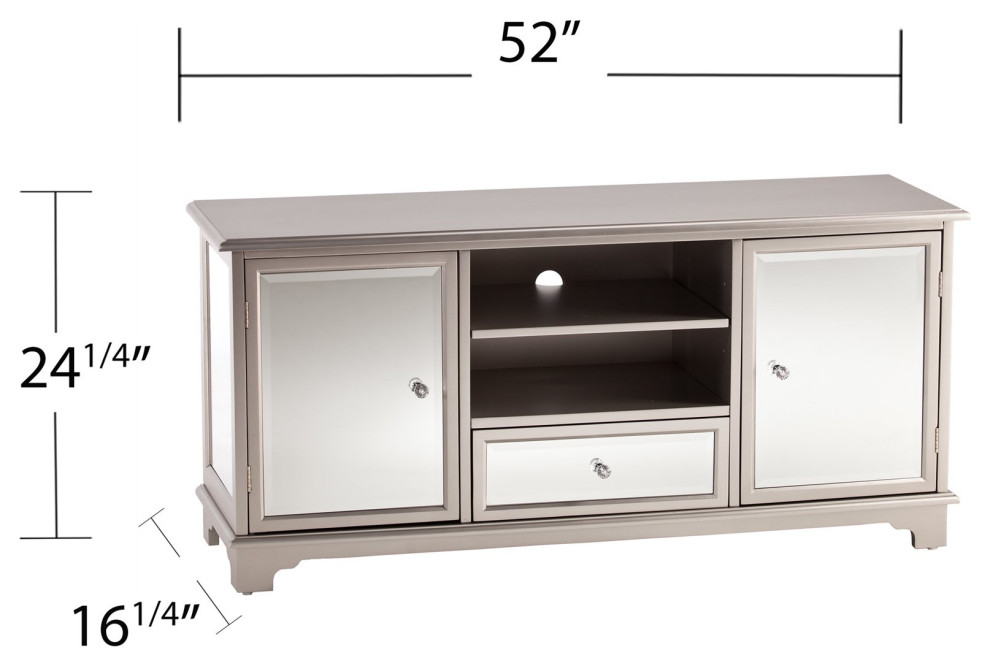 Contemporary TV Stand  Beveled Mirror Accents With Crystal Knobs  Silver Finish   Transitional   Entertainment Centers And Tv Stands   by Declusia  Houzz