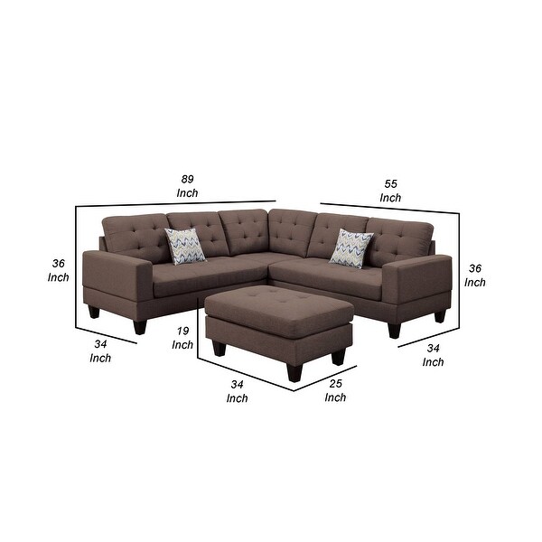 3 Piece Sectional Sofa with Ottoman and Tufted Details， Brown