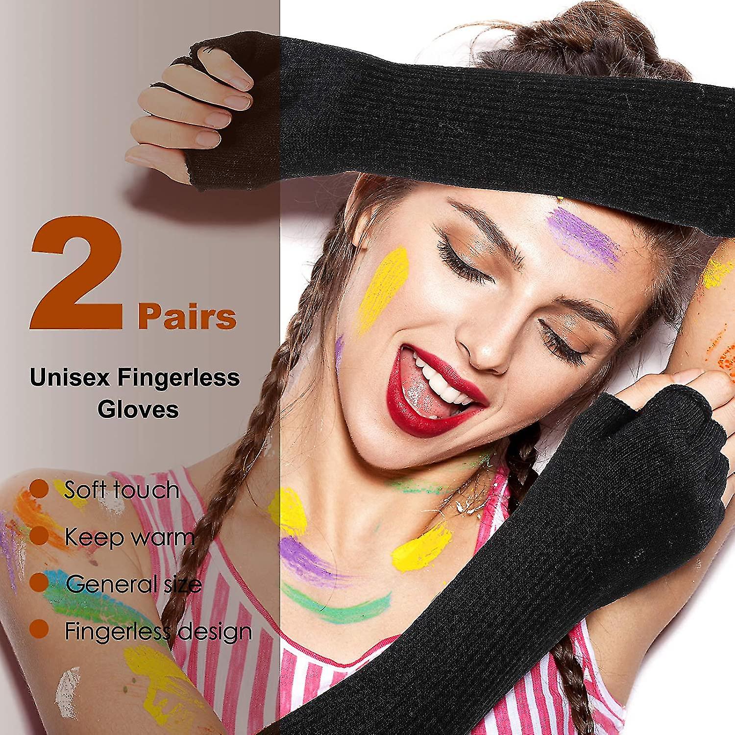 2 Pairs Winter Fingerless Gloves Long Thermal Knitted Mittens Stretchy Arm